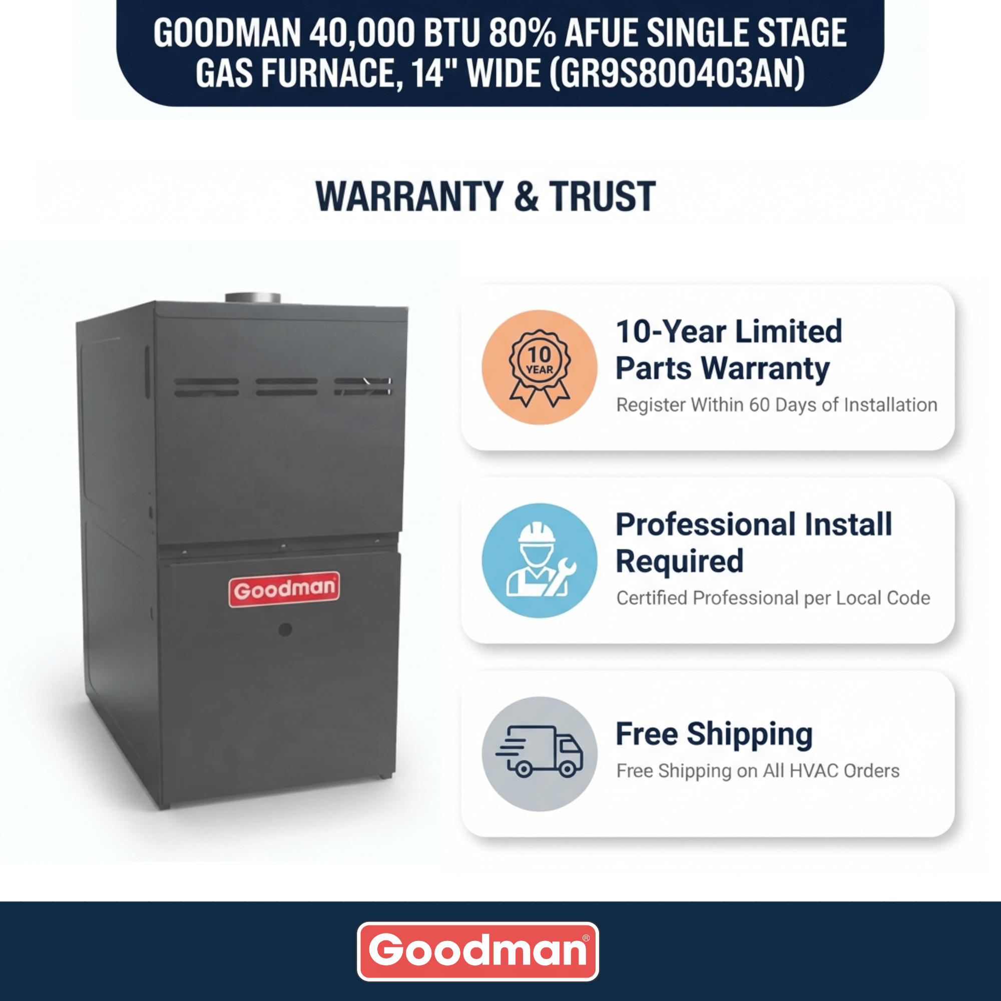 Goodman 40,000 BTU Gas Furnace 80% AFUE Single-Stage, 14" Wide, Upflow/Horizontal