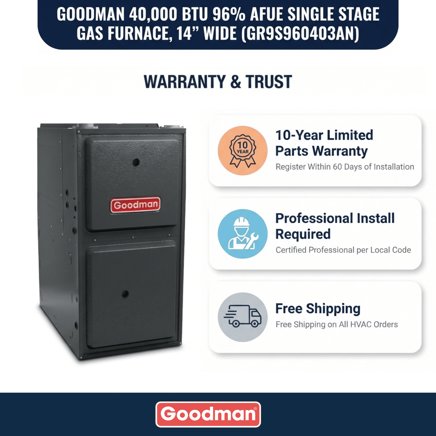 Goodman 40,000 BTU 96% AFUE Single Stage Gas Furnace, Upflow/Horizontal, 14″ Wide