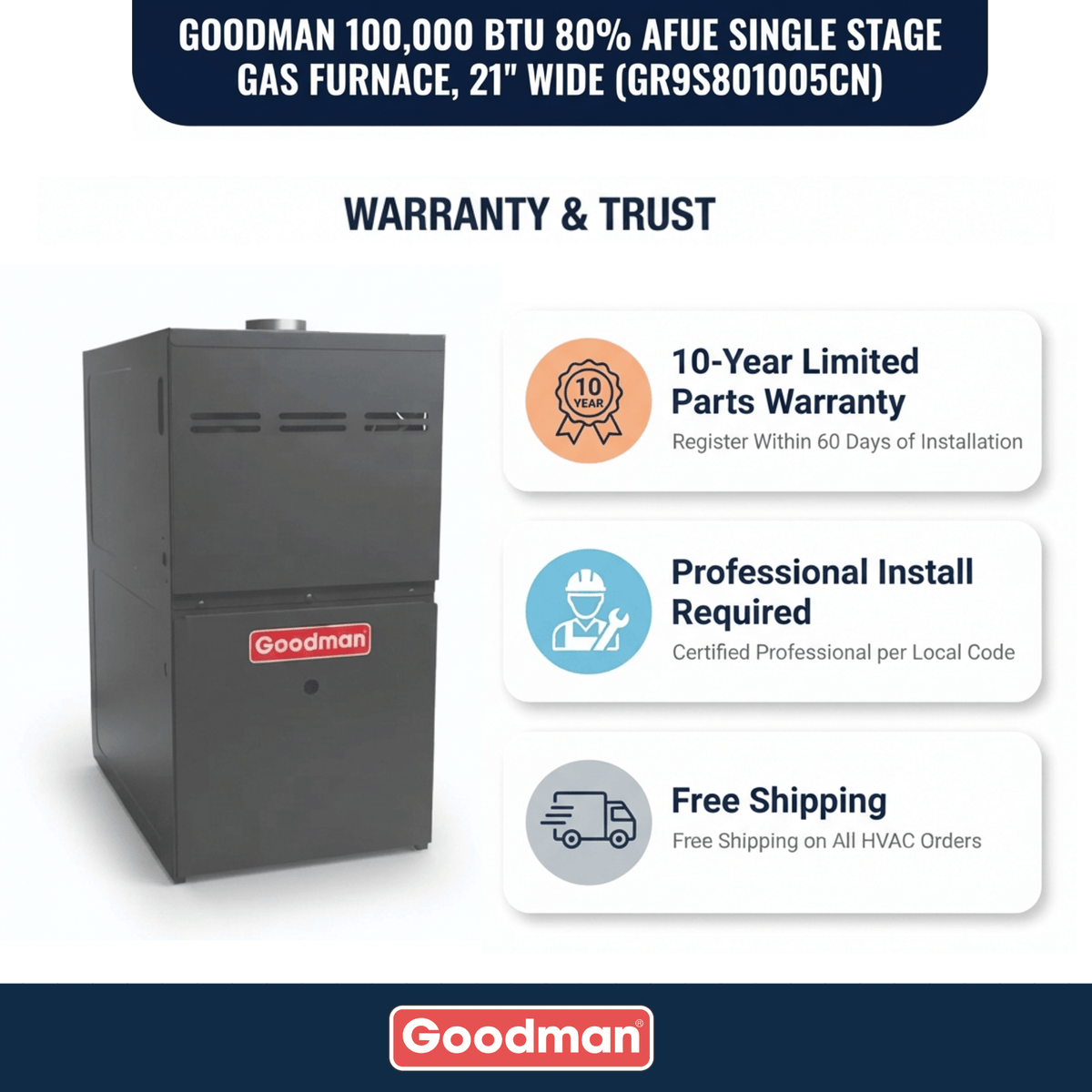 Goodman 100,000 BTU Gas Furnace 80% AFUE Single Stage, 21" Wide, Upflow/Horizontal