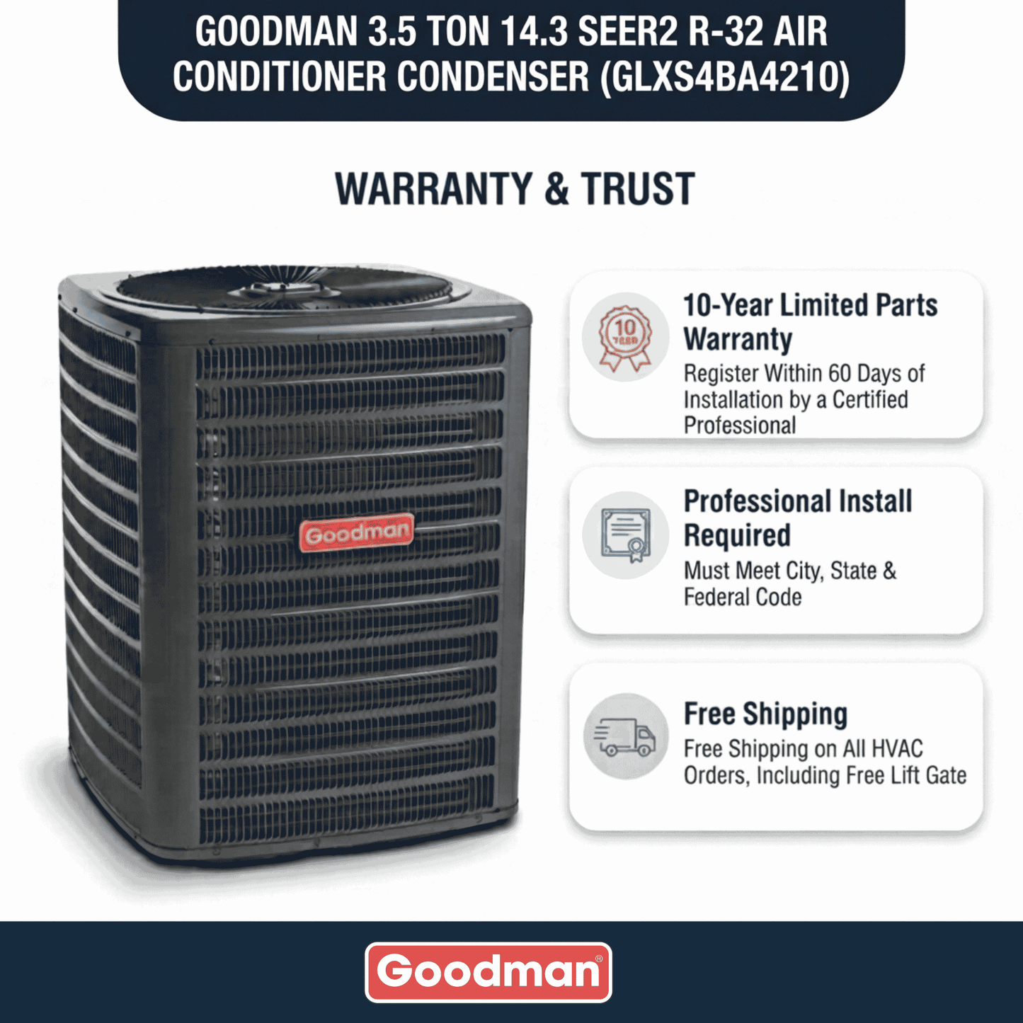 Goodman 3.5 Ton 14.3 SEER2 R-32 Air Conditioner Condenser