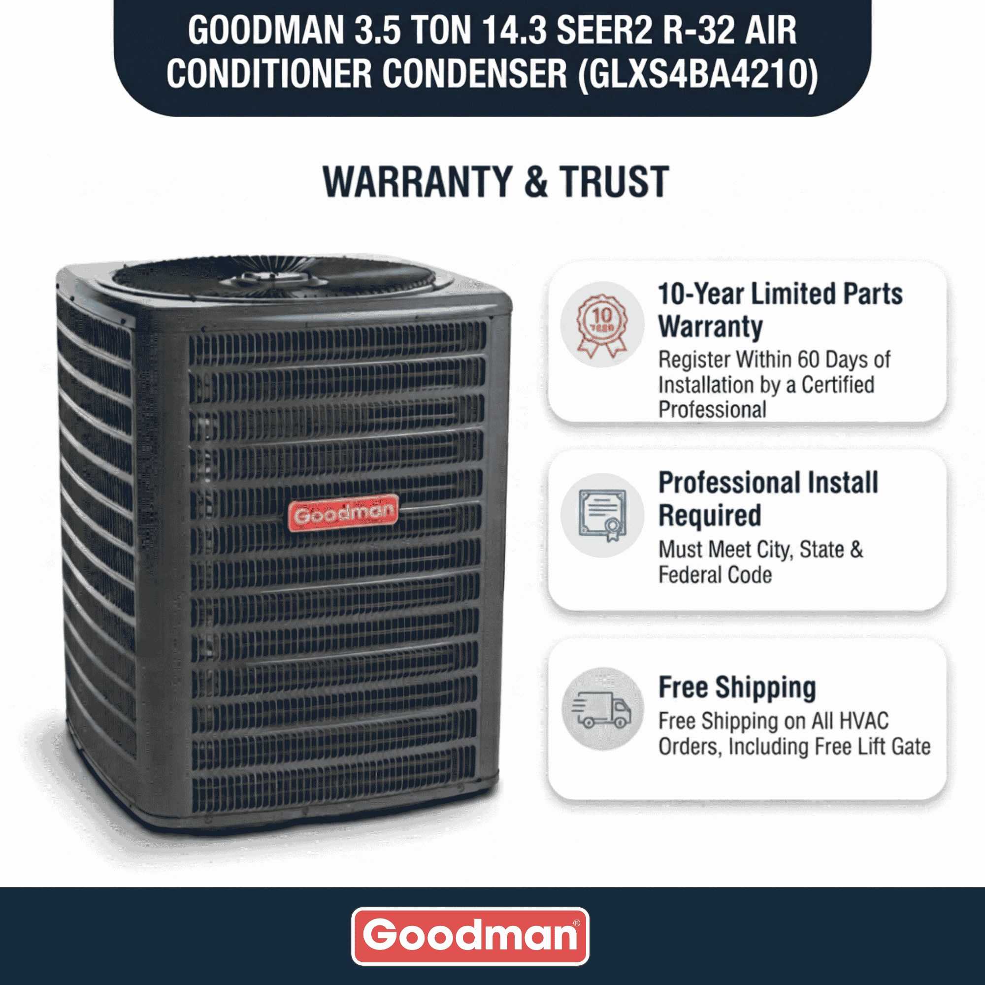 Goodman 3.5 Ton 14.3 SEER2 R-32 Air Conditioner Condenser