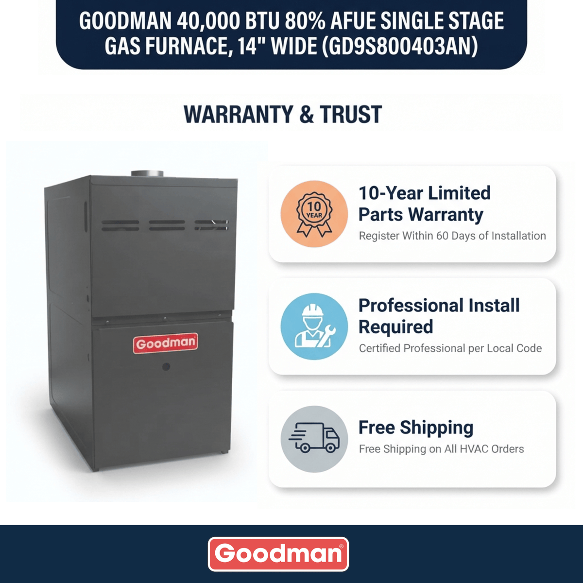 Goodman 40,000 BTU Gas Furnace 80% AFUE Single-Stage, 14" Wide, Downflow/Horizontal