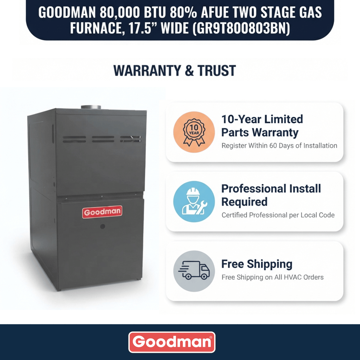 Goodman 80,000 BTU Gas Furnace 80% AFUE Two-Stage, 17.5" Wide, Upflow/Horizontal