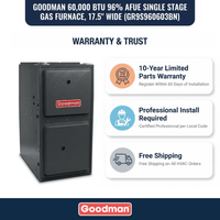 Goodman 60,000 BTU 96% Single Stage Gas Furnace, Upflow/Horizontal, 17.5" Wide - Ultra Low Nox