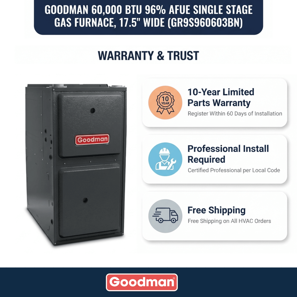 Goodman 60,000 BTU 96% Single Stage Gas Furnace, Upflow/Horizontal, 17.5" Wide - Ultra Low Nox