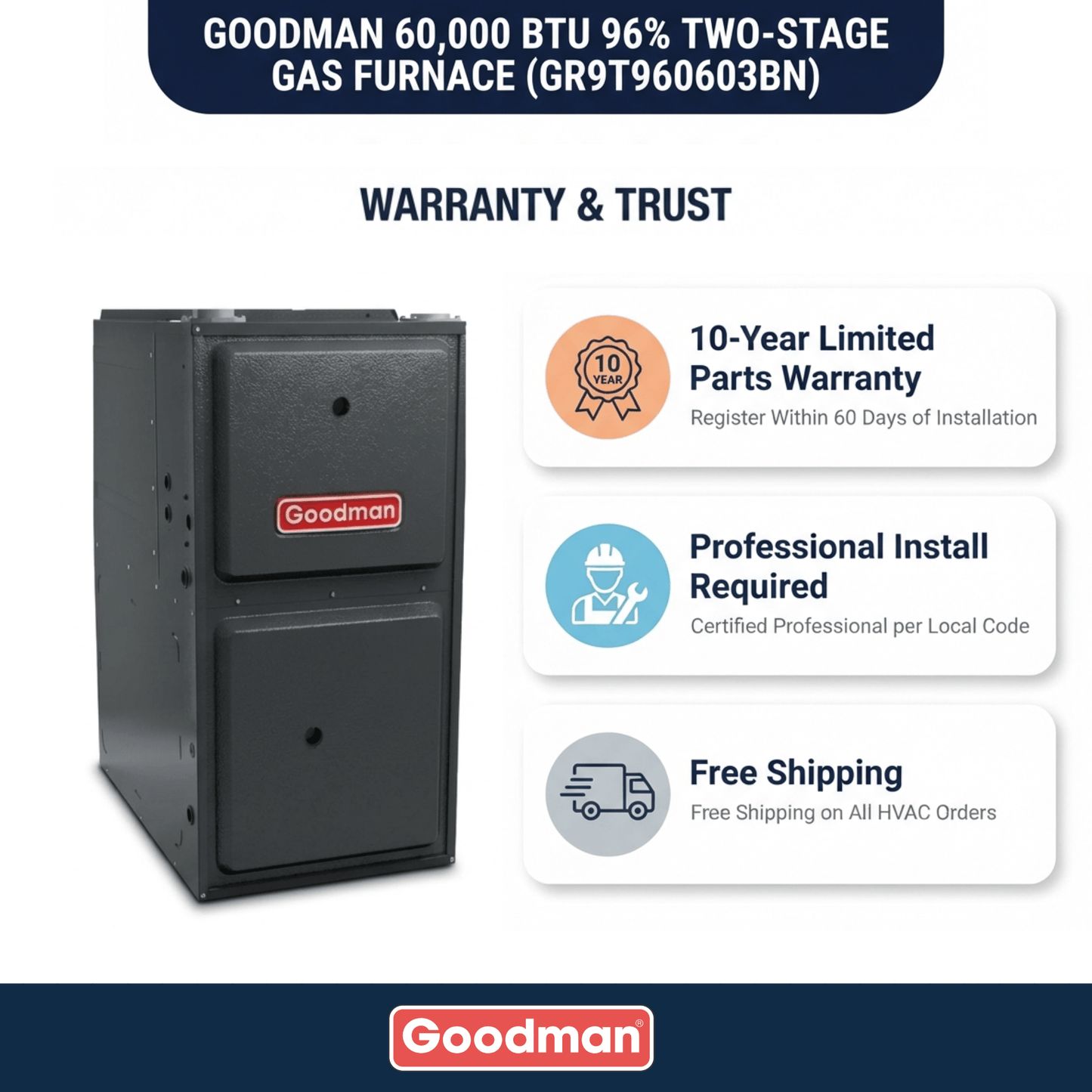 Goodman 60,000 BTU 96% AFUE Two Stage Gas Furnace, Upflow/Horizontal, 14″ Wide
