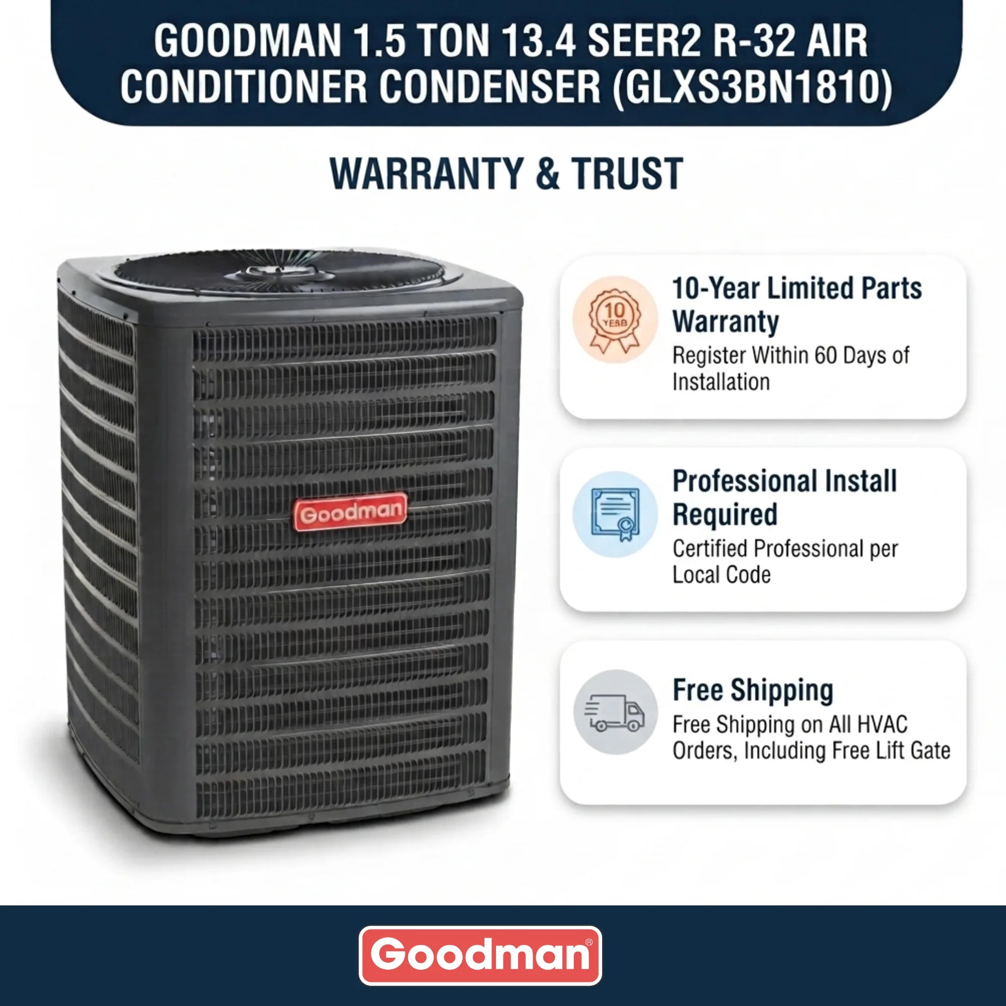 Goodman 1.5 Ton 13.4 SEER2 R-32 Air Conditioner Condenser